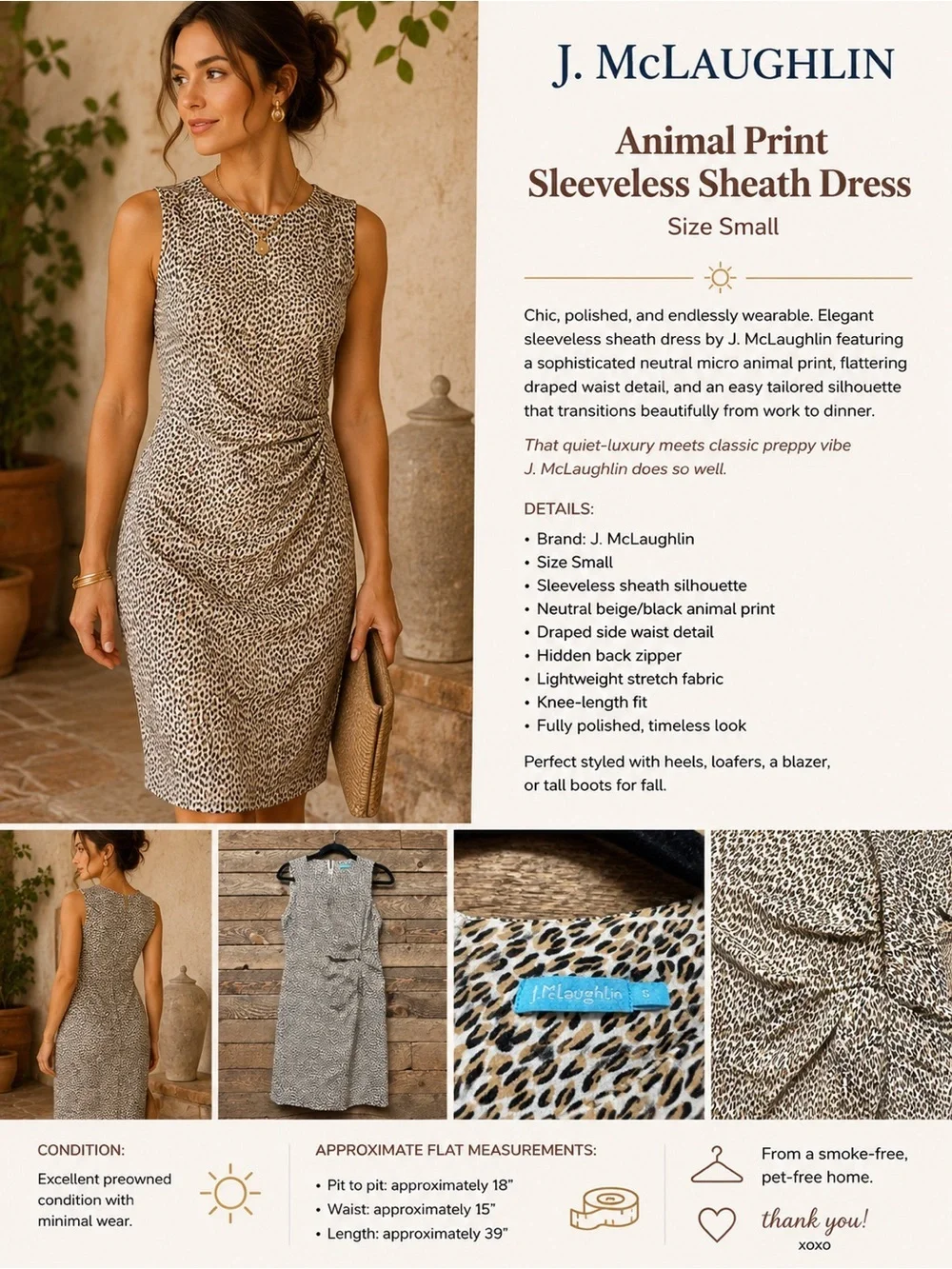 J. McLaughlin Beige and Black Animal Print Sleeveless Midi Sheath Dress